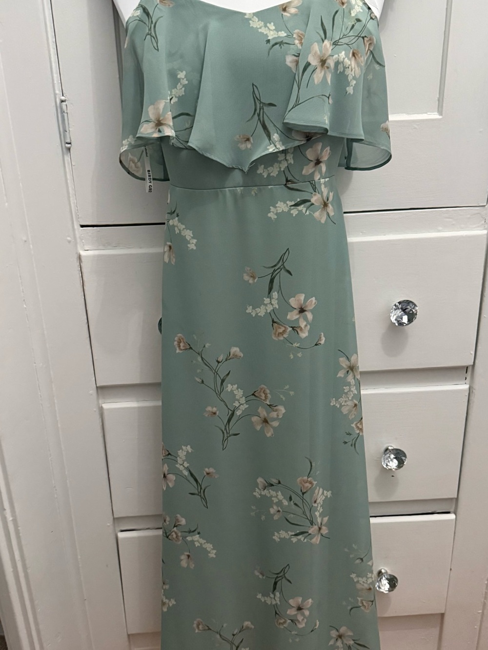 Birdy Grey Sage Green Floral Maxi Dress with Ruffle Overlay